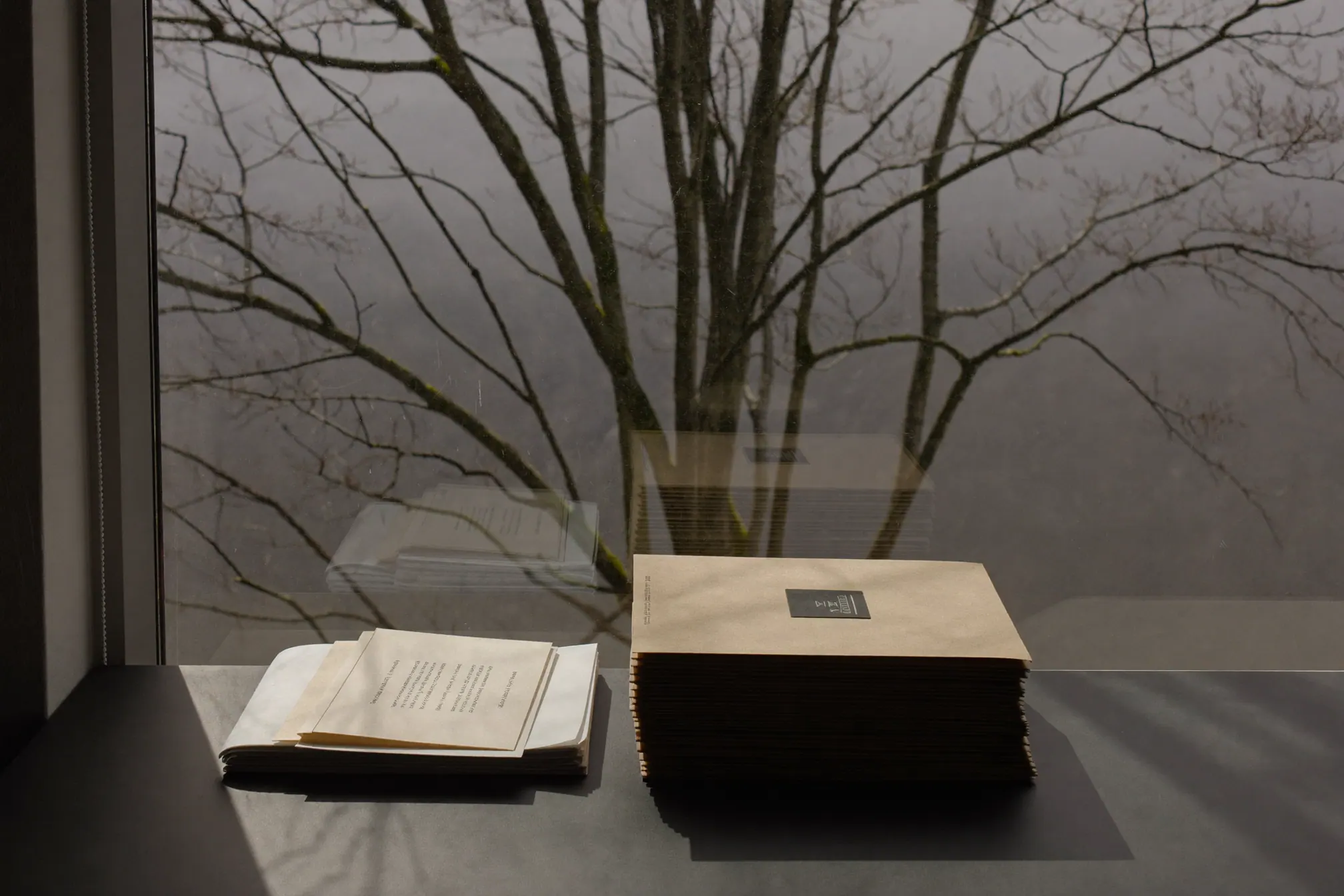 A tidy desk beside a tall window in late autumn, with plain folders stacked squarely and a bare tree outside